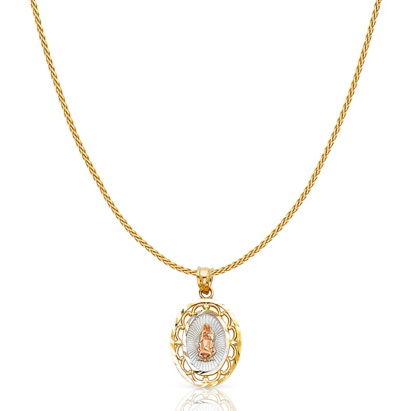 14K Gold Guadalupe Charm Pendant With 0.9Mm Wheat Chain Necklace