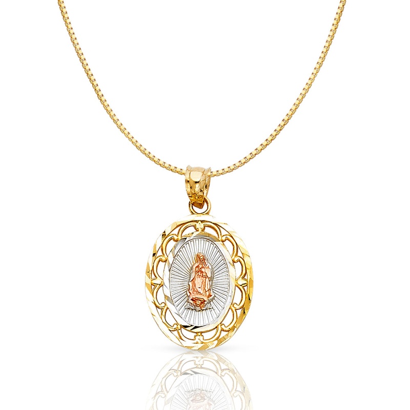 14K Gold Religious Guadalupe Charm Pendant With 0.8Mm Box Chain Necklace