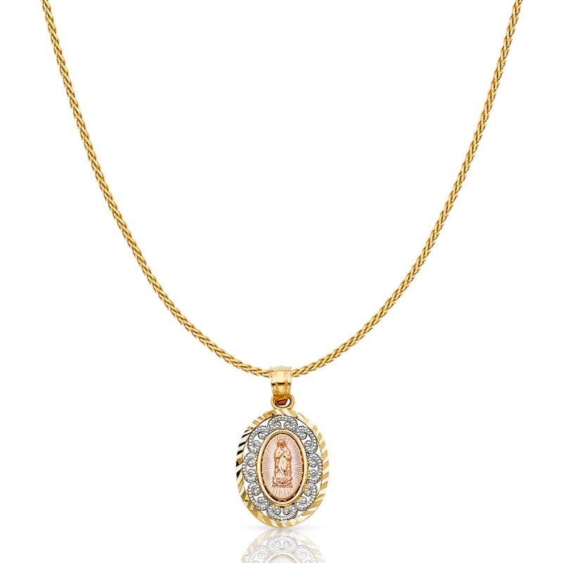 14K Gold Guadalupe Charm Pendant With 0.9Mm Wheat Chain Necklace
