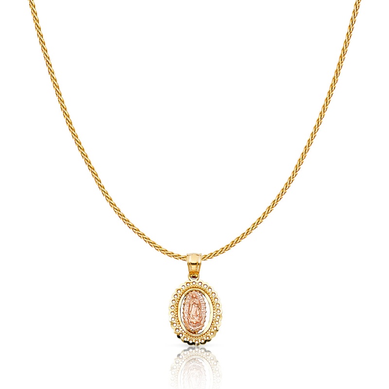 14K Gold Guadalupe Charm Pendant With 0.9Mm Wheat Chain Necklace