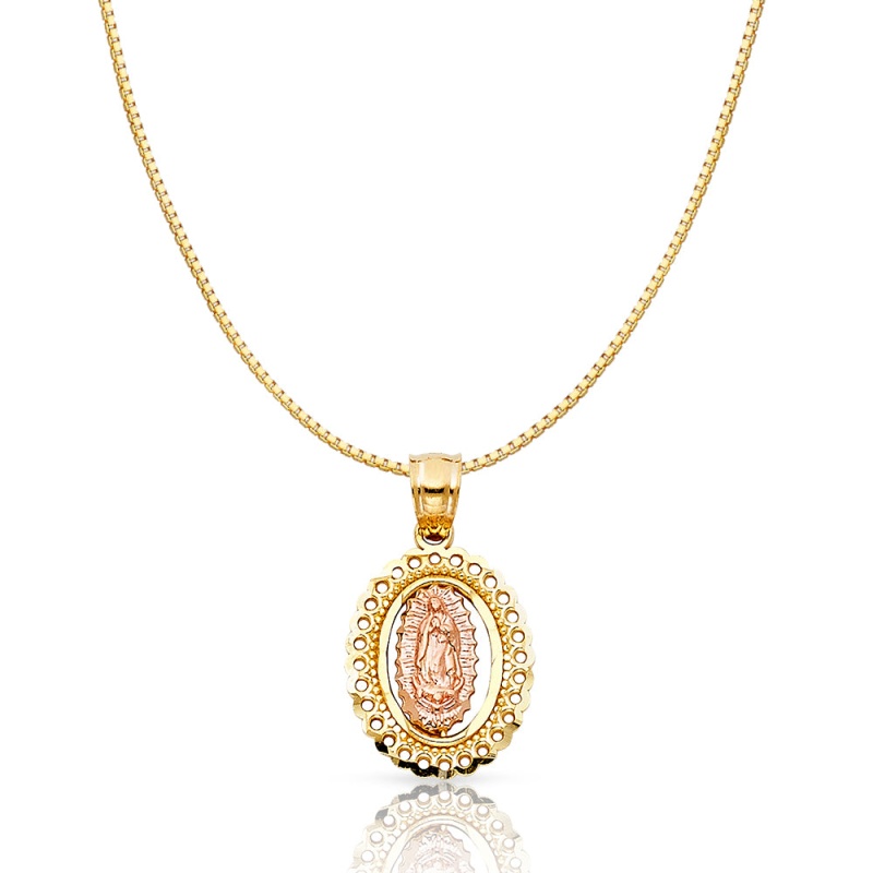 14K Gold Religious Guadalupe Charm Pendant With 0.8Mm Box Chain Necklace