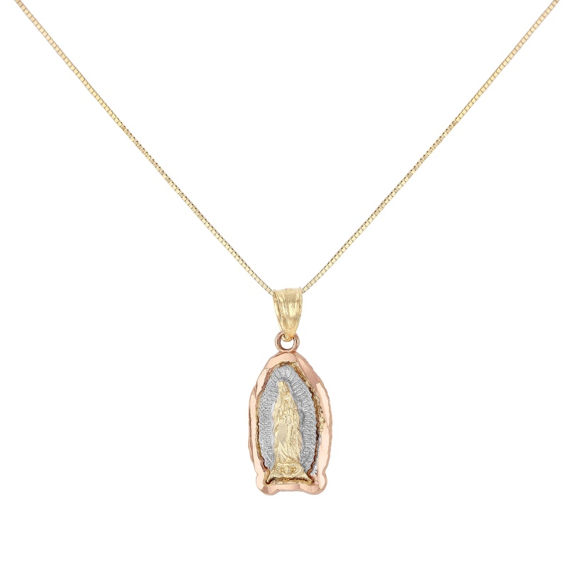 14K Gold Religious Guadalupe Charm Pendant With 0.6Mm Box Chain Necklace