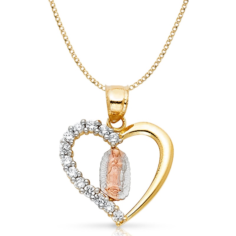 14K Gold Guadalupe Cz Pendant With 2.3Mm Hollow Cuban Chain