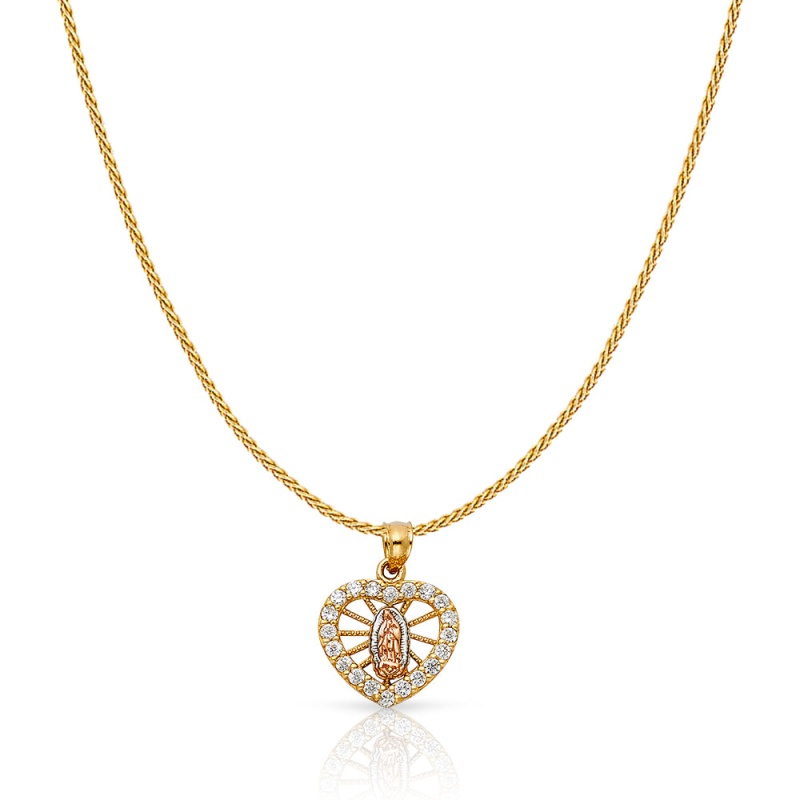 14K Gold Guadalupe Heart Cz Charm Pendant With 0.9Mm Wheat Chain Necklace