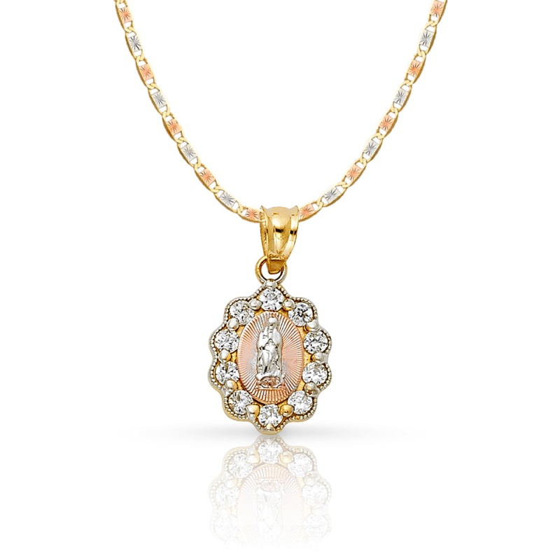 14K Gold Guadalupe Cz Pendant With 1.5Mm Valentino Chain