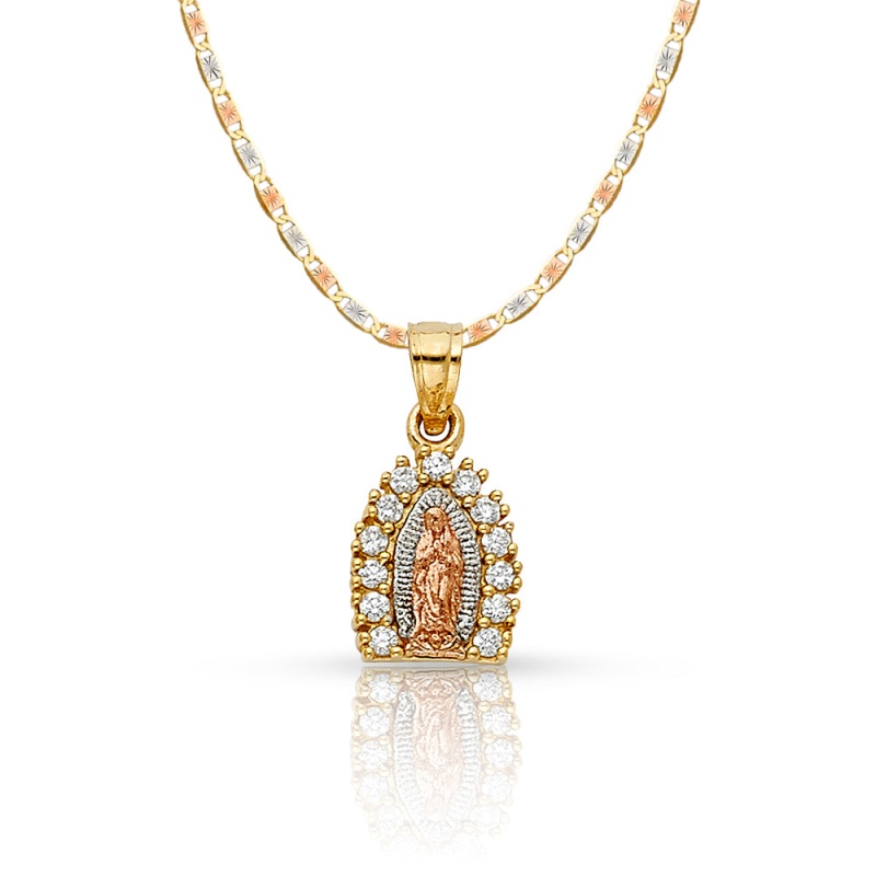 14K Gold Guadalupe Cz Pendant With 1.5Mm Valentino Chain