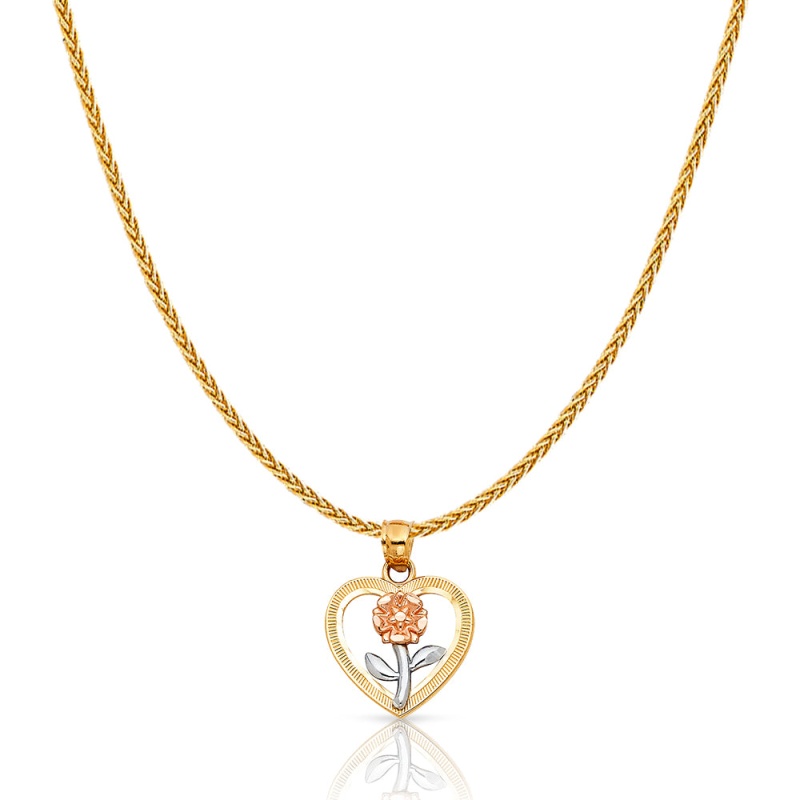 14K Gold Flower In Heart Charm Pendant With 1.1Mm Wheat Chain Necklace