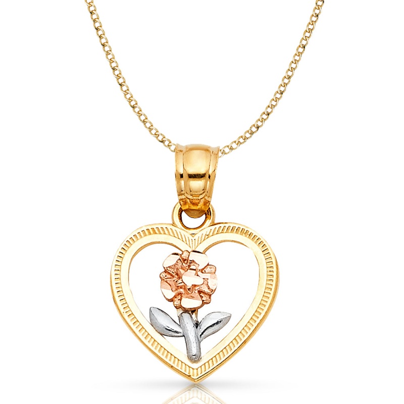 14K Gold Flower In Heart Pendant With 2.3Mm Hollow Cuban Chain