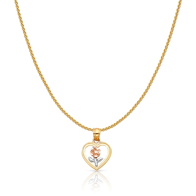 14K Gold Flower In Heart Charm Pendant With 0.9Mm Wheat Chain Necklace