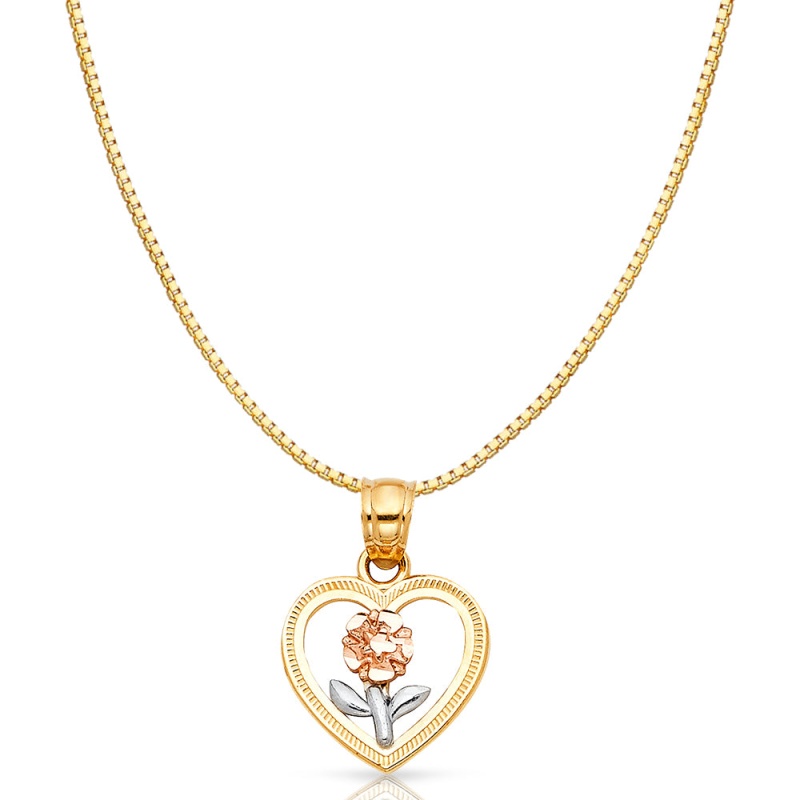 14K Gold Flower In Heart Charm Pendant With 0.8Mm Box Chain Necklace