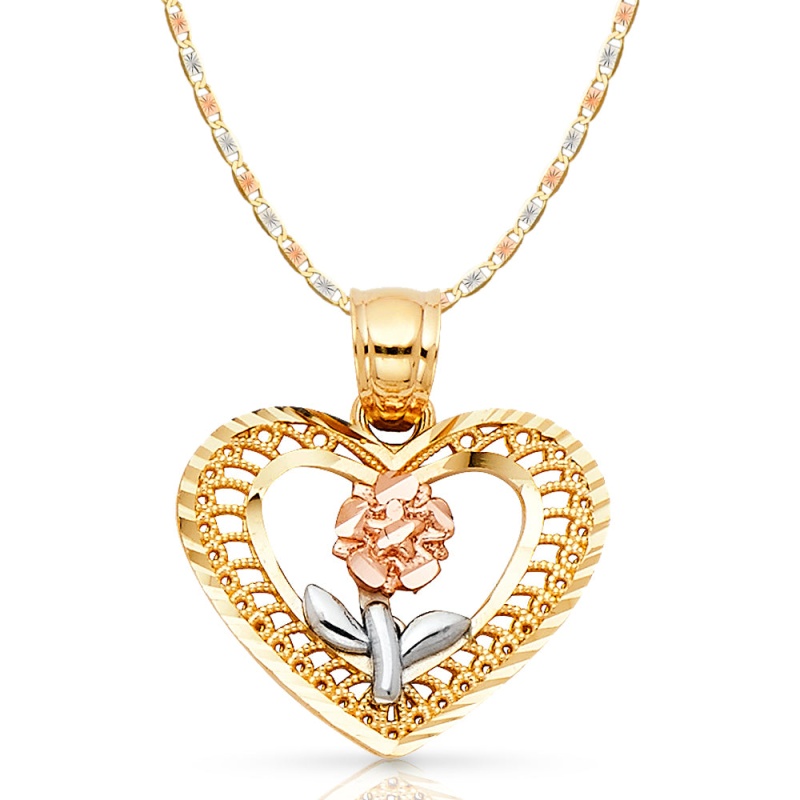 14K Gold Flower In Heart Pendant With 2.1Mm Valentino Chain