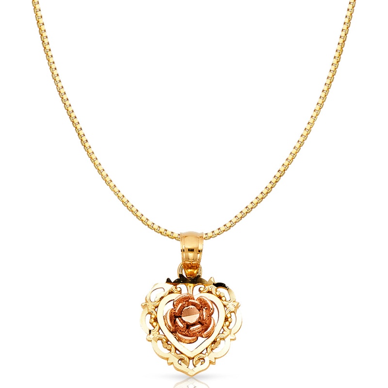 14K Gold Rose Flower Charm Pendant With 0.8Mm Box Chain Necklace