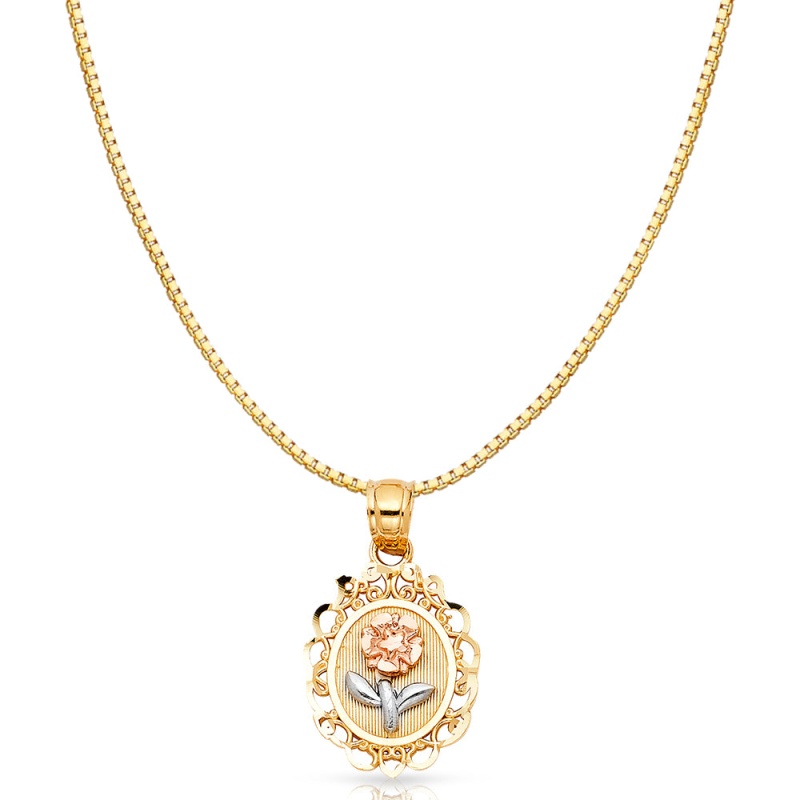 14K Gold Flower Round Charm Pendant With 0.8Mm Box Chain Necklace