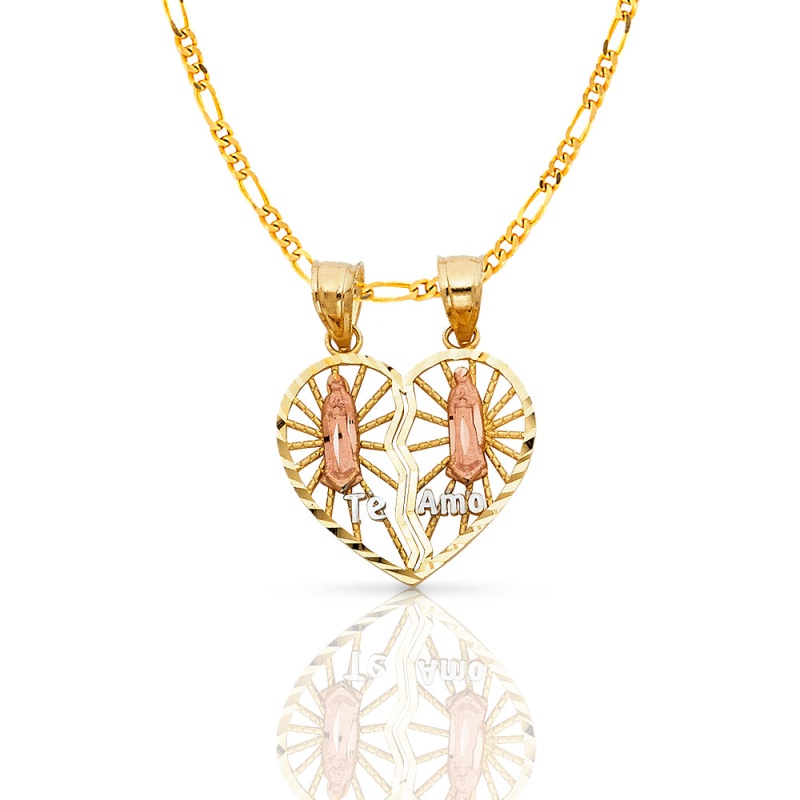14K Gold Guadalupe Broken Heart Te Amo Pendant With 2Mm Figaro 3+1 Chain