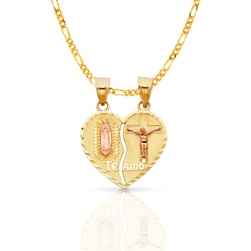 14K Gold Guadalupe Jesus Broken Heart Te Amo Pendant With 2Mm Figaro 3+1 Chain