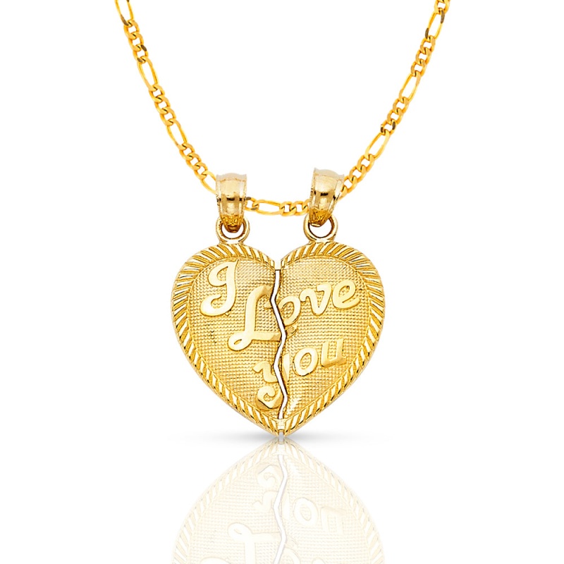 14K Gold 'I Love You' Couple Broken Heart Pendant With 2.3Mm Figaro 3+1 Chain