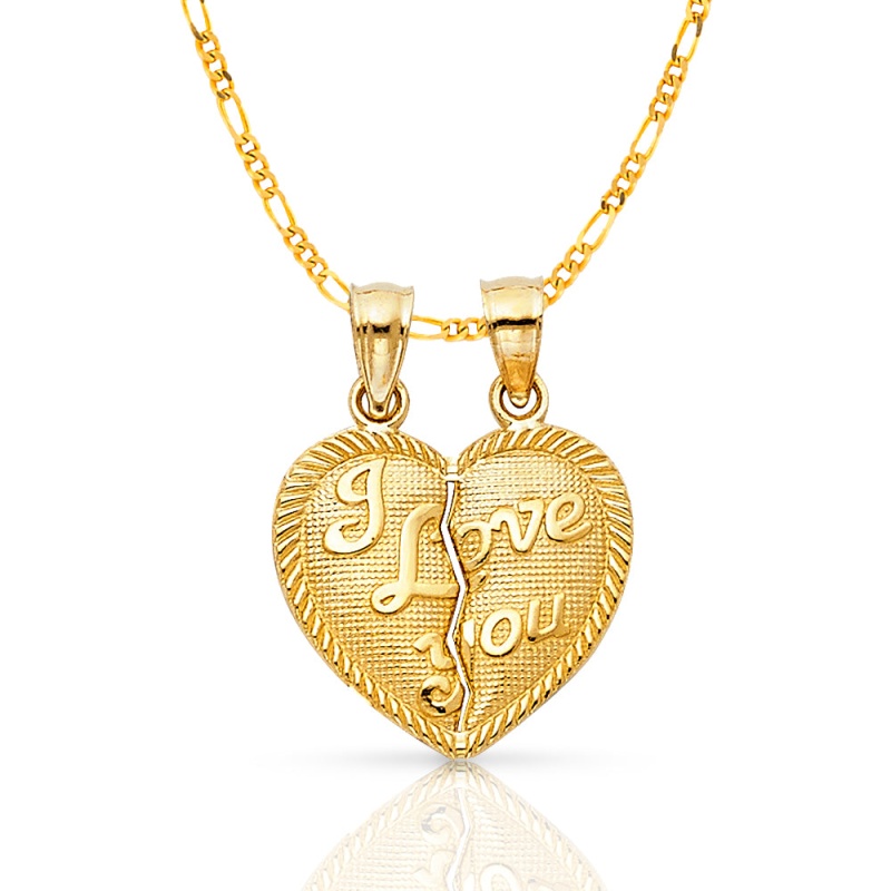 14K Gold Small 'I Love You' Couple Broken Heart Pendant With 2Mm Figaro 3+1 Chain
