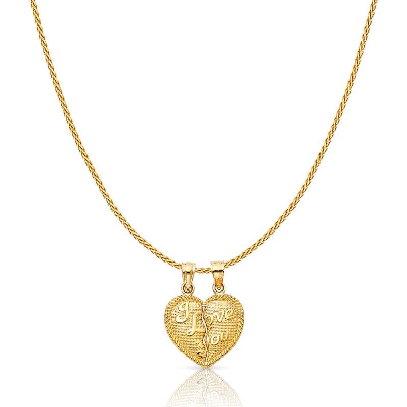 14K Gold Small 'I Love You' Couple Broken Heart Charm Pendant With 0.9Mm Wheat Chain Necklace