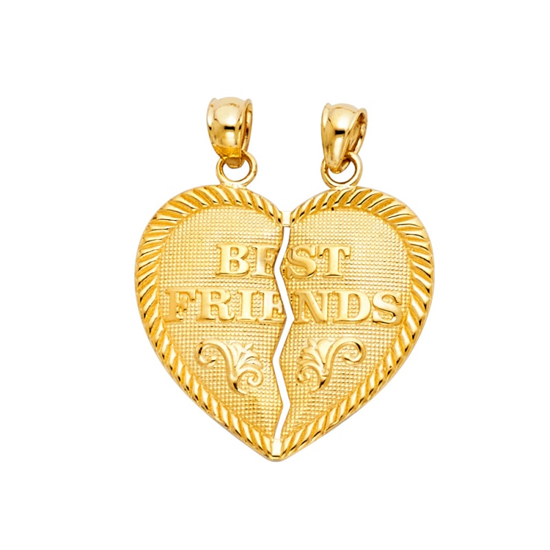 14K Gold 'Best Friends' Broken Heart Pendant With 1.5Mm Flat Open Wheat Chain