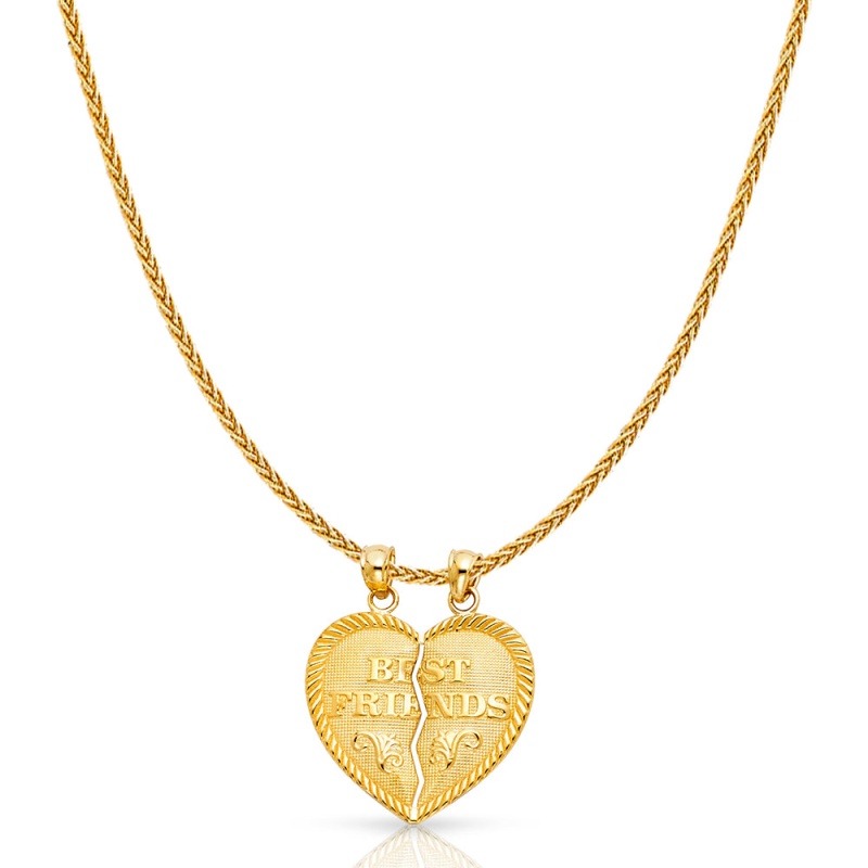 14K Gold 'Best Friends' Broken Heart Charm Pendant With 1.1Mm Wheat Chain Necklace