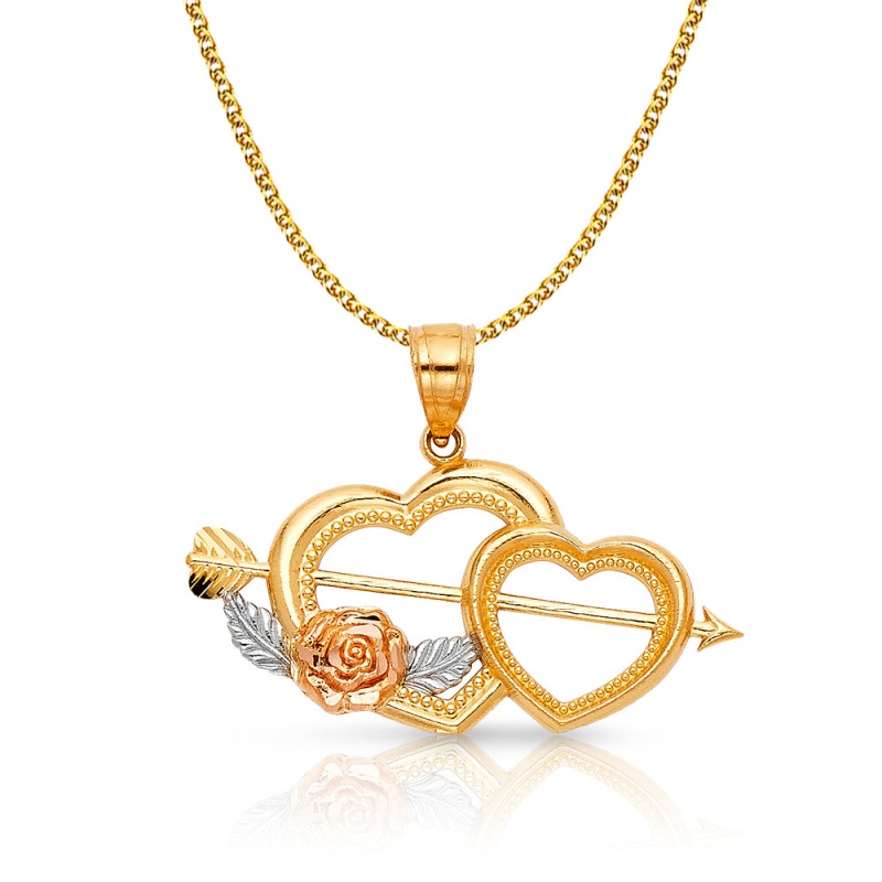 14K Gold Heart With Cupid Arrow Pendant With 1.5Mm Flat Open Wheat Chain