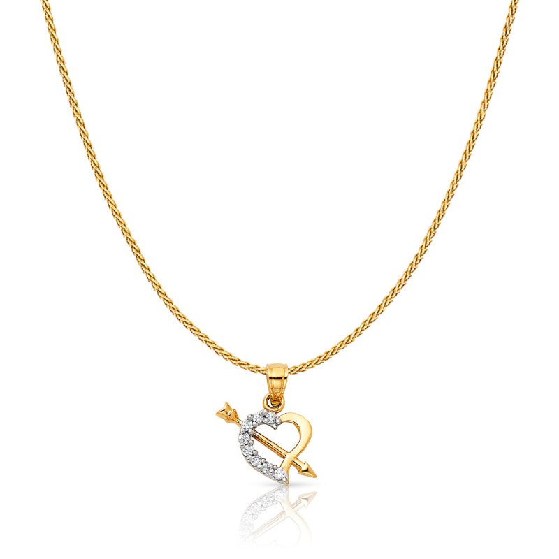 14K Gold Cz Heart With Cupid Arrow Charm Pendant With 0.9Mm Wheat Chain Necklace
