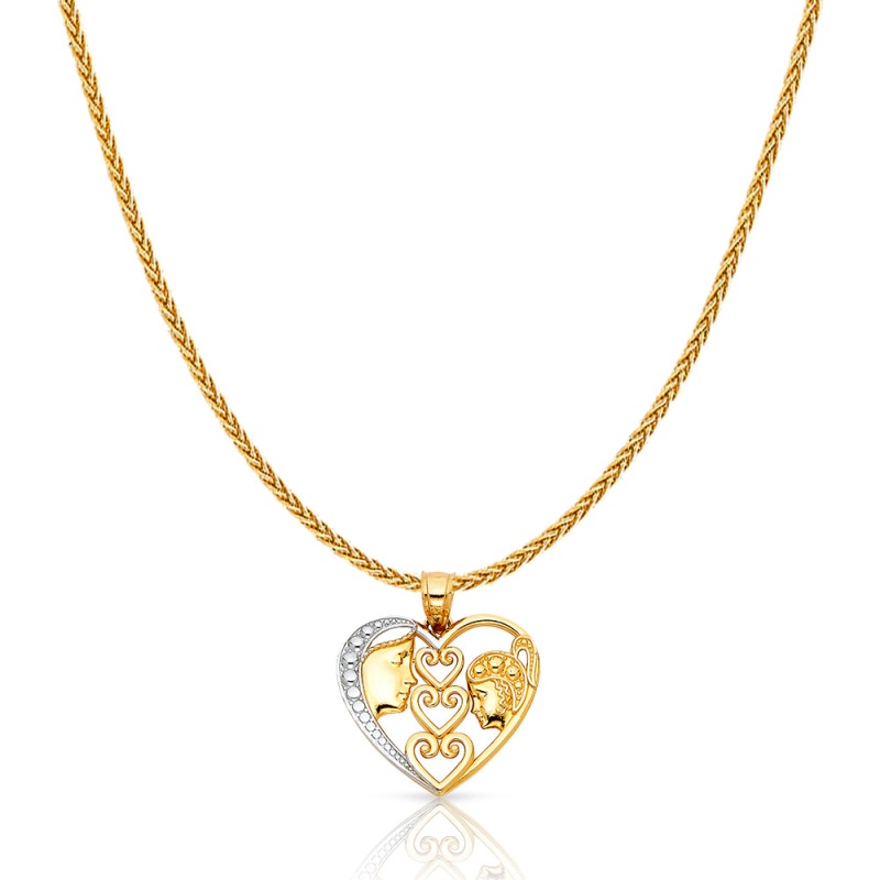 14K Gold Heart Mom & Daughter Charm Pendant With 1.1Mm Wheat Chain Necklace