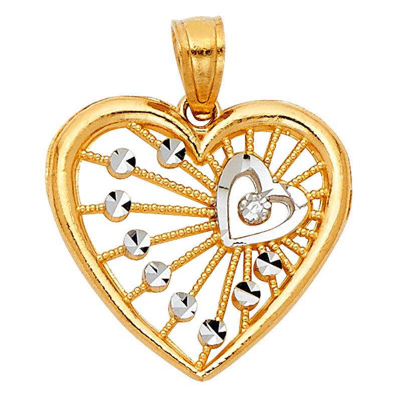 14K Gold Heart Pendant With 1.5Mm Flat Open Wheat Chain