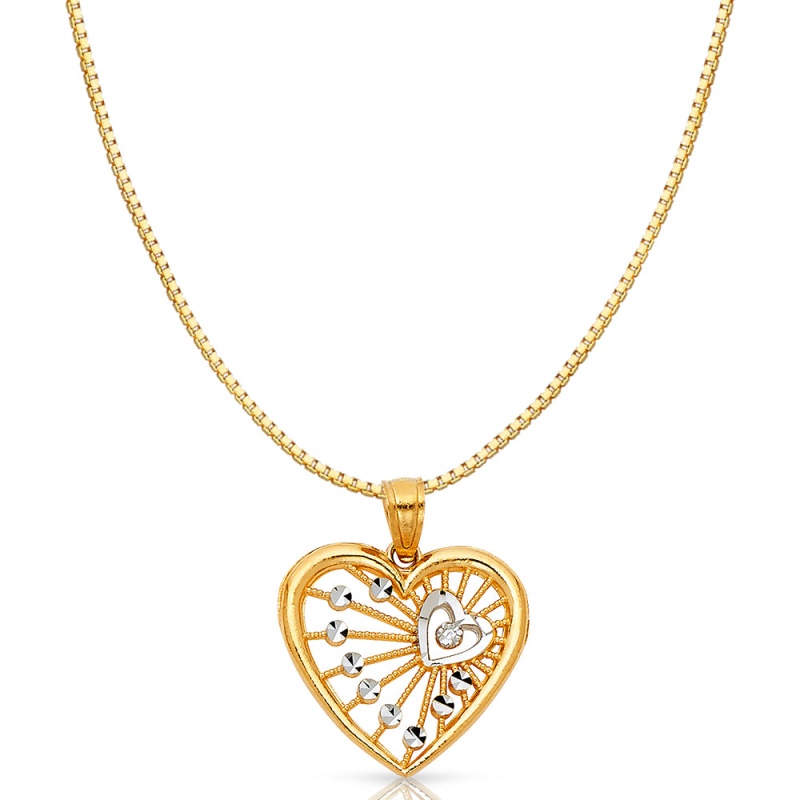 14K Gold Fancy Webbed Heart Charm Pendant With 0.8Mm Box Chain Necklace