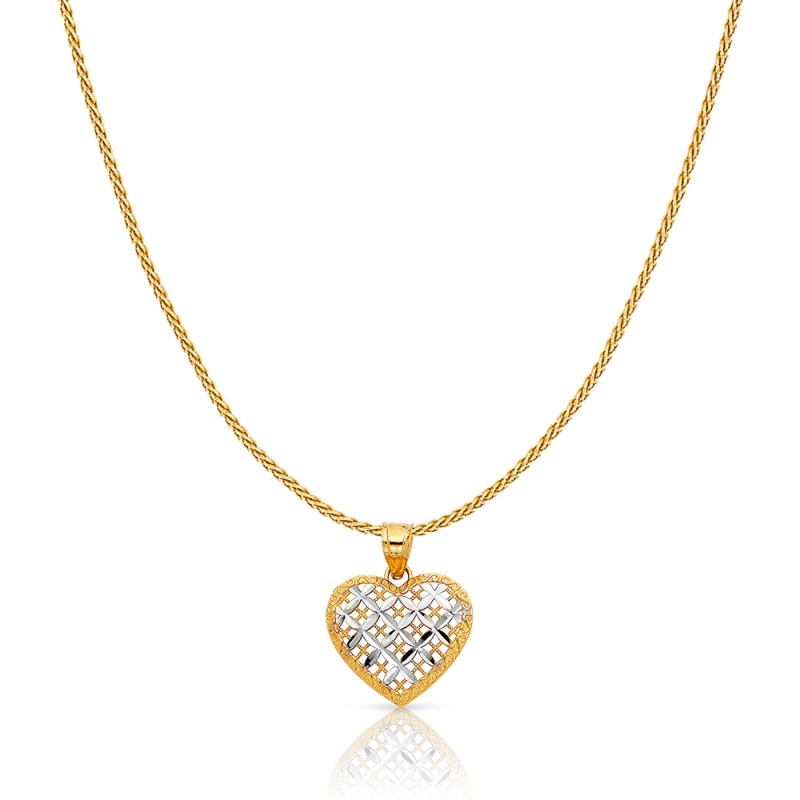 14K Gold Fancy Checkered Heart Charm Pendant With 0.9Mm Wheat Chain Necklace