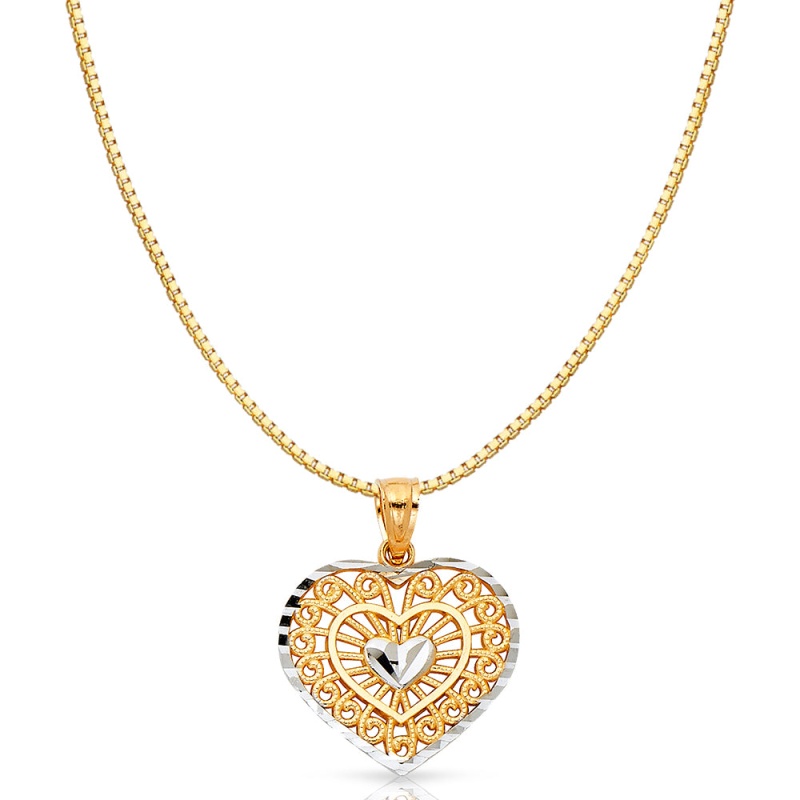 14K Gold Fancy Inside Heart Charm Pendant With 0.8Mm Box Chain Necklace