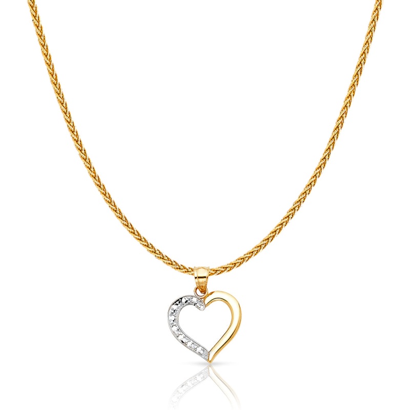 14K Gold Heart Charm Pendant With 1.1Mm Wheat Chain Necklace