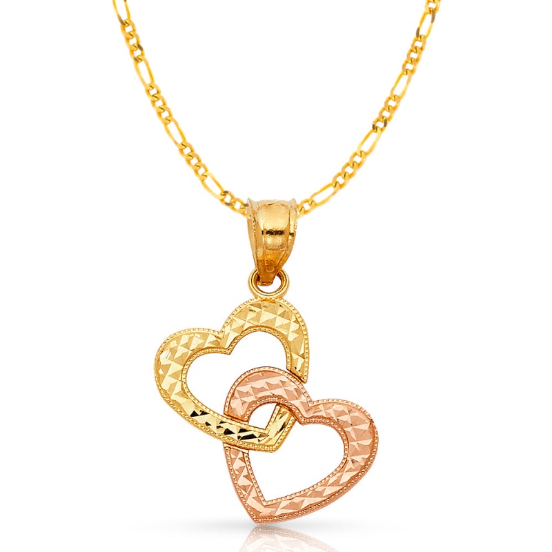 14K Gold Hanging Heart Pendant With 2Mm Figaro 3+1 Chain