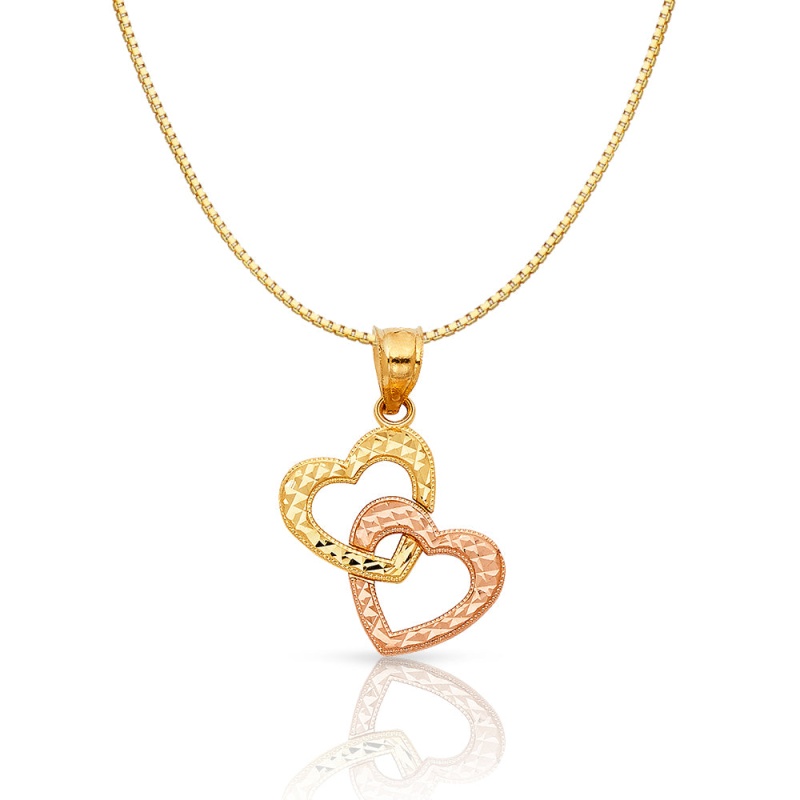14K Gold Double Hanging Heart Charm Pendant With 0.8Mm Box Chain Necklace