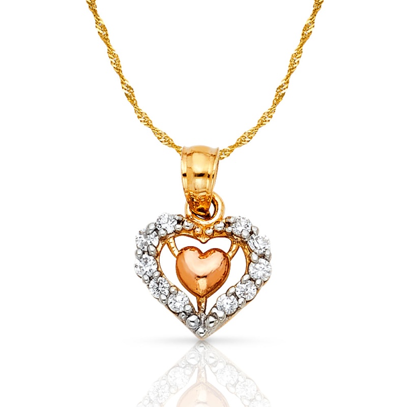 14K Gold Cz Heart Charm Pendant With 0.9Mm Singapore Chain Necklace