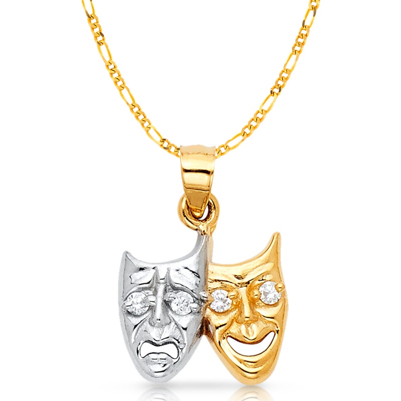 14K Gold Happy & Sad Charm Pendant With 2Mm Figaro 3+1 Chain Necklace