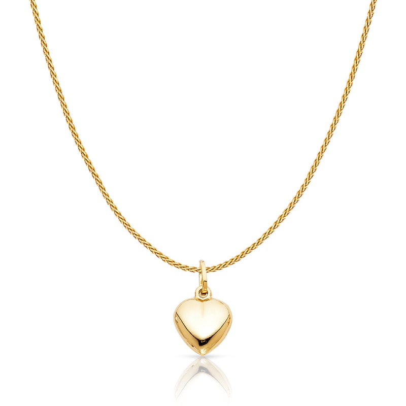 14K Gold Plain Heart Charm Pendant With 0.9Mm Wheat Chain Necklace