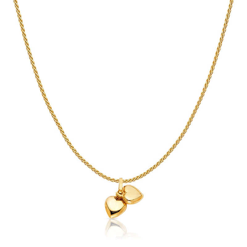 14K Gold Double Plain Heart Charm Pendant With 0.9Mm Wheat Chain Necklace