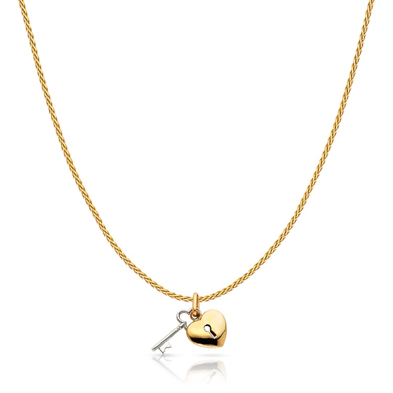 14K Gold Key To Heart Keyhole Charm Pendant With 0.9Mm Wheat Chain Necklace