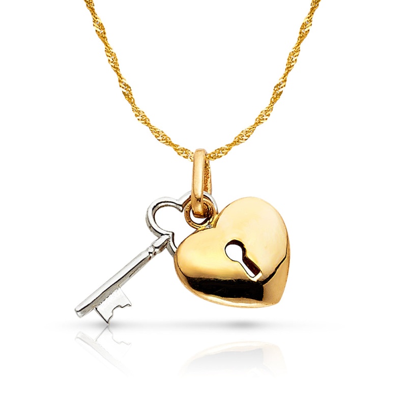 14K Gold Key To Heart Charm Pendant With 1.2Mm Singapore Chain Necklace