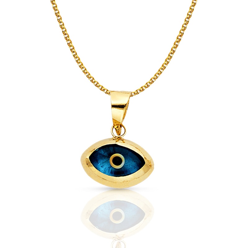 14K Gold Evil Eye Charm Pendant With 1.5Mm Flat Open Wheat Chain Necklace