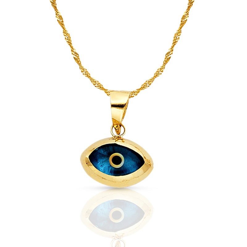 14K Gold Evil Eye Charm Pendant With 1.2Mm Singapore Chain Necklace