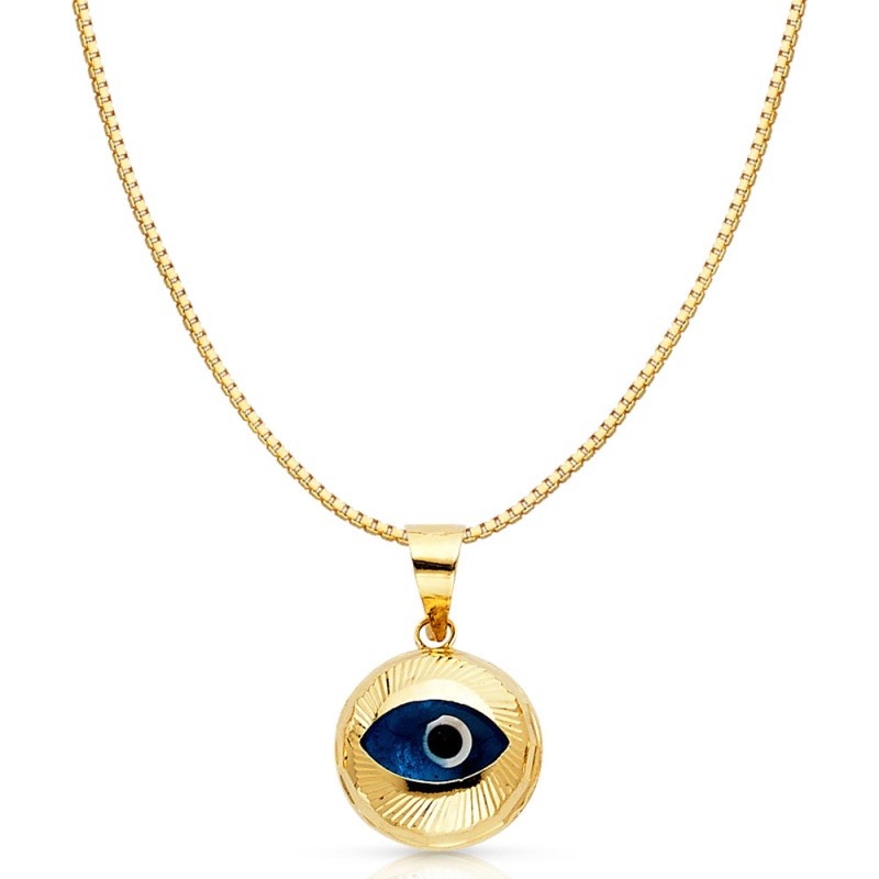 14K Gold Blue Evil Eye Fluted Round Charm Pendant With 0.8Mm Box Chain Necklace