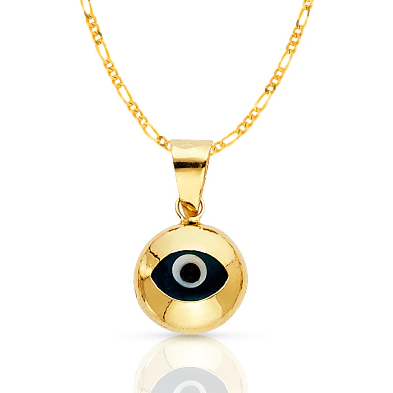14K Gold Evil Eye Round Charm Pendant With 2Mm Figaro 3+1 Chain Necklace