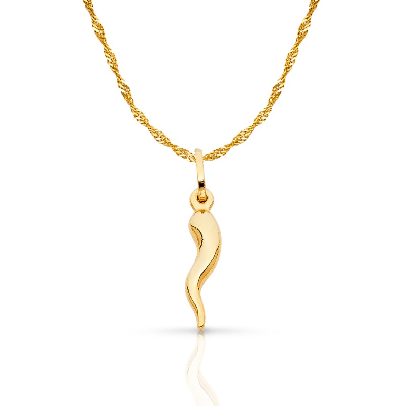 14K Gold Italian Horn Charm Pendant With 1.2Mm Singapore Chain Necklace
