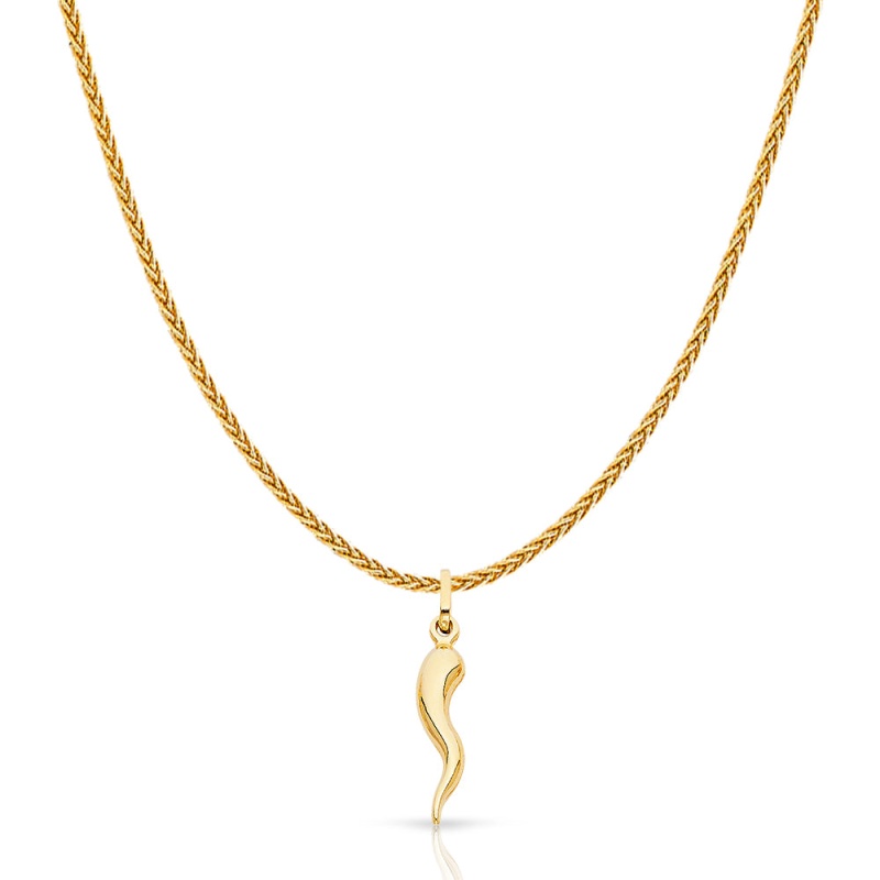 14K Gold Cornicello Italian Horn Fortune Charm Pendant With 1.1Mm Wheat Chain Necklace