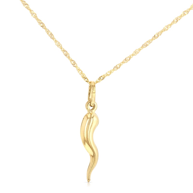14K Gold Italian Horn Charm Pendant With 1.2Mm Singapore Chain Necklace