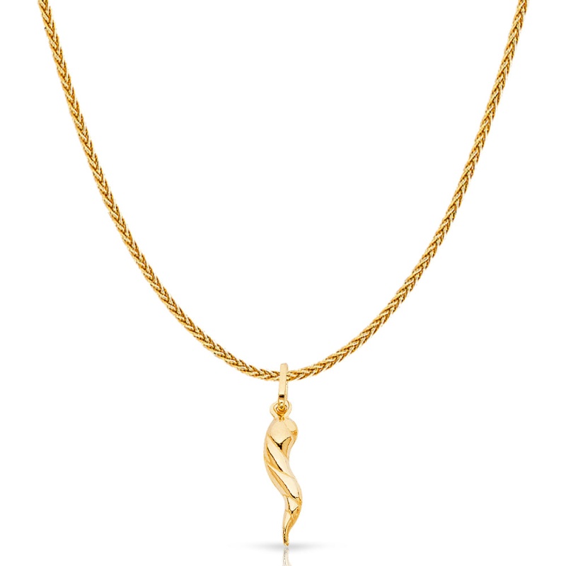 14K Gold Twisted Cornicello Italian Fortune Horn Charm Pendant With 1.1Mm Wheat Chain Necklace