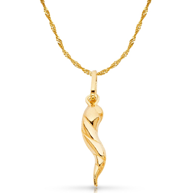 14K Gold Italian Horn Charm Pendant With 1.2Mm Singapore Chain Necklace