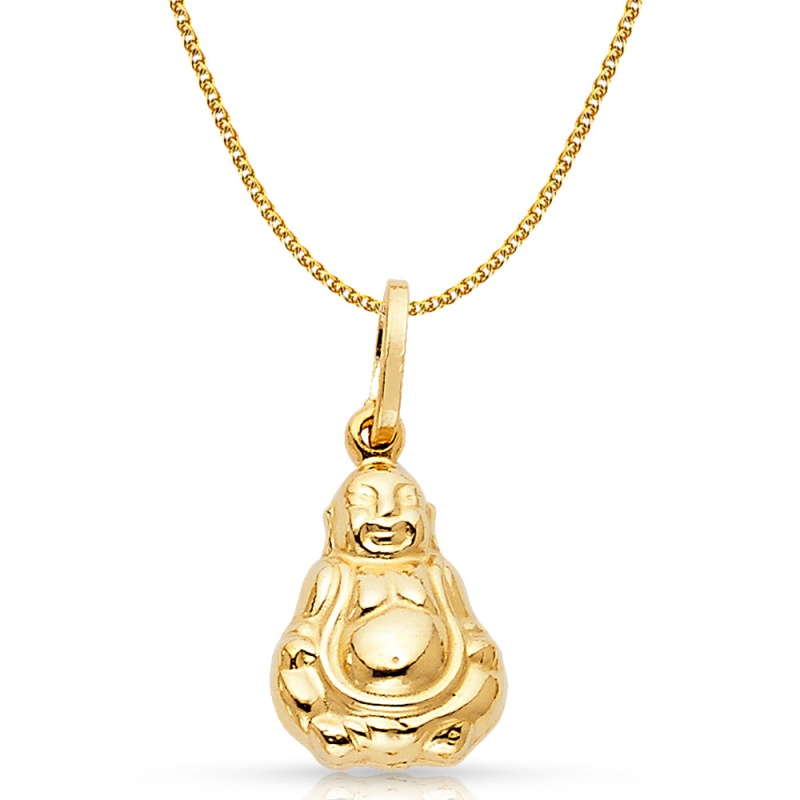 14K Gold Plain Buddha Charm Pendant With 1.5Mm Flat Open Wheat Chain Necklace